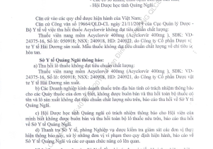 THU HỒI LÔ THUỐC KHÔNG ĐẠT TIÊU CHUẨN CHẤT LƯỢNG