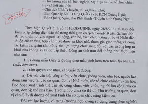 Quảng Ngãi: Thống nhất mẫu giấy đi đường trong thời gian giãn cách xã hội theo Chỉ thị 16/CT-TTg