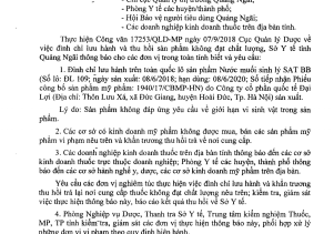 Công văn số 2080/SYT-NVD v/v Đình chỉ lưu hành và thu hồi sản phẩm không đạt chất lượng.